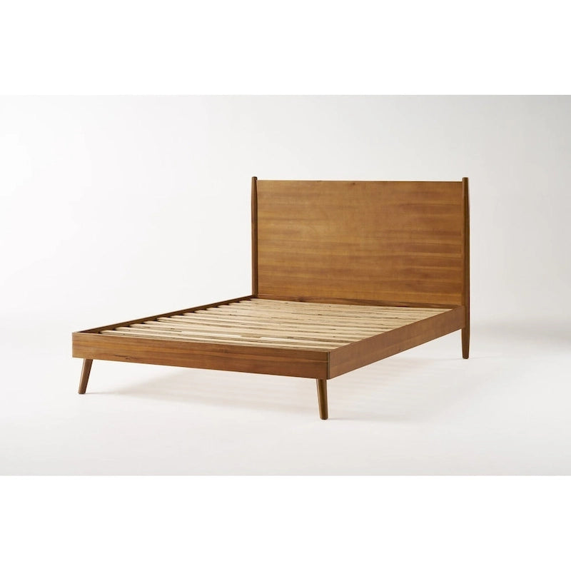 King Size Modern Platform Bed with Splayed Legs - Solid Acacia Wood, Natural Finish, Mid-Century Design, No Box Spring Needed