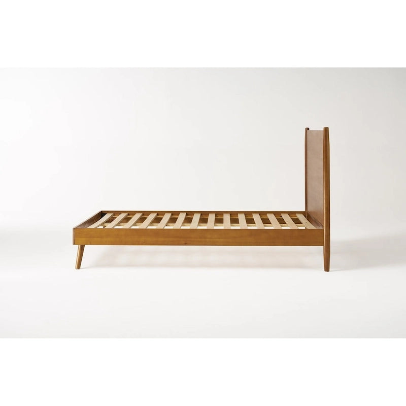 King Size Modern Platform Bed with Splayed Legs - Solid Acacia Wood, Natural Finish, Mid-Century Design, No Box Spring Needed