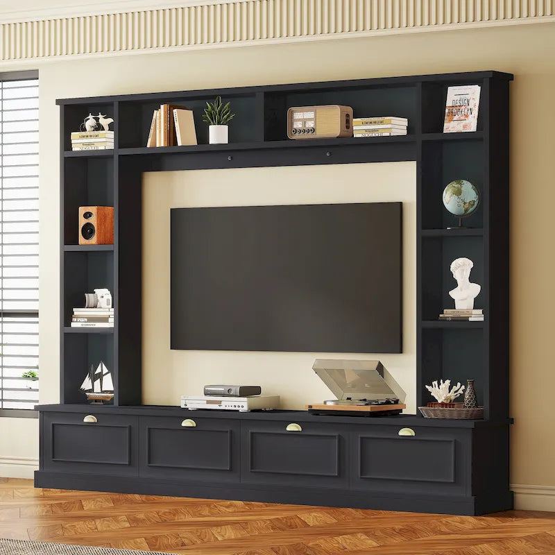 104.2" Large Wall Unit for TVs up to 78" - Modern Entertainment Center with Bookshelves, Cabinets & Gold Handles, MDF, 528 lb Capacity