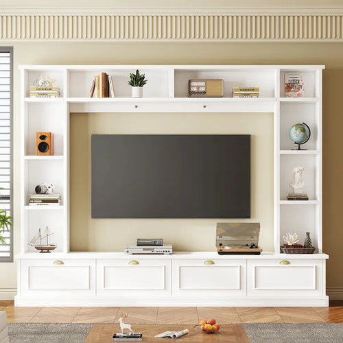 104.2" Large Wall Unit for TVs up to 78" - Modern Entertainment Center with Bookshelves, Cabinets & Gold Handles, MDF, 528 lb Capacity