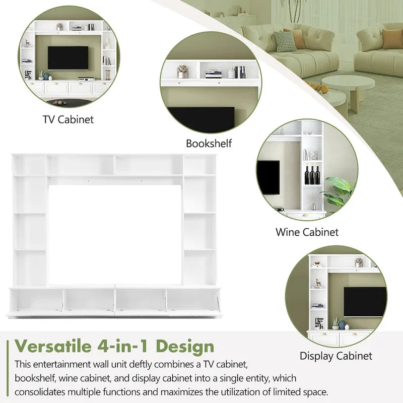 104.2" Large Wall Unit for TVs up to 78" - Modern Entertainment Center with Bookshelves, Cabinets & Gold Handles, MDF, 528 lb Capacity