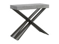 Bohometop extendable console table in wood with anthracite steel crossed legs, 90x40-196 or 90x40-300 cm, Cement Grey, 4-leg support, 3 slim extensions, 85493GBXT