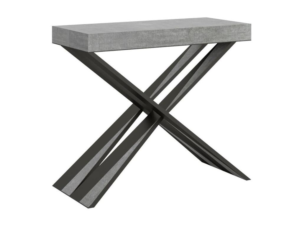 Bohometop extendable console table in wood with anthracite steel crossed legs, 90x40-196 or 90x40-300 cm, Cement Grey, 4-leg support, 3 slim extensions, 85493GBXT