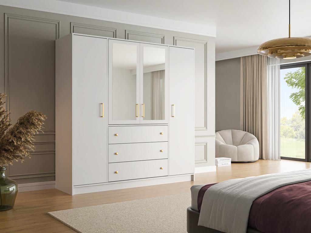 Wardrobe with 4 doors and 3 drawers - With mirrors - W196 cm - White - Bohometop 96350YGOF