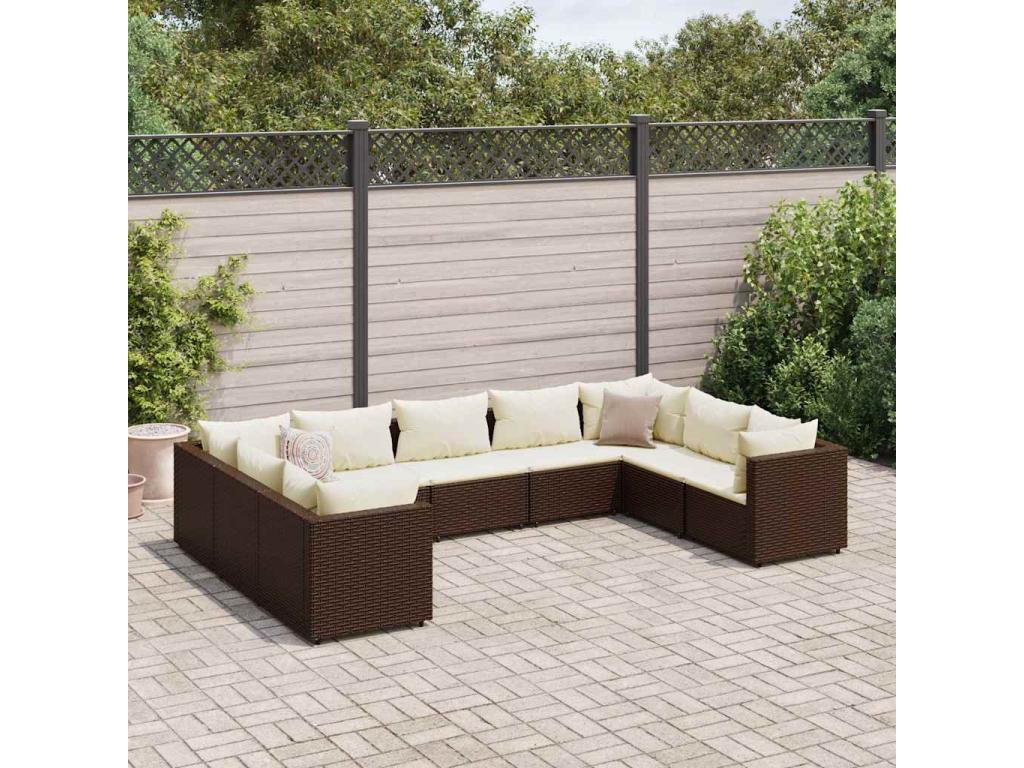 9-piece garden furniture set with cushions, brown woven resin, 97276LFBM