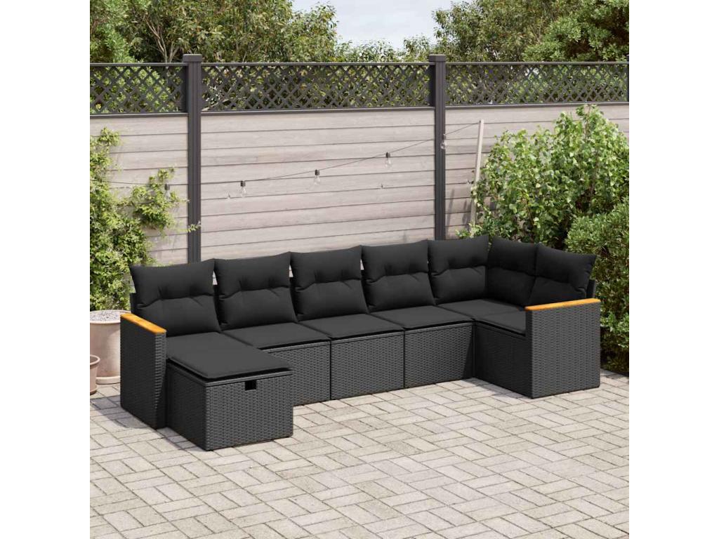 7-piece garden furniture set with cushions, black resin wicker, 64283KSDI