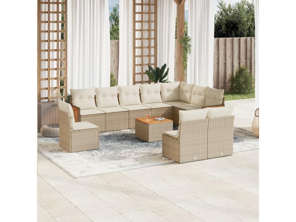 11-piece garden furniture set with beige resin wicker cushions 81309PJAB