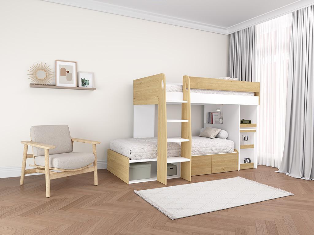 Bunk beds 2x90x190 cm with desk and storage - Natural and white - Nidchicshop 43473JUEW