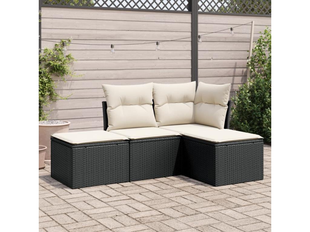 4-piece garden furniture set with cushions, black woven resin, 47497LVRT