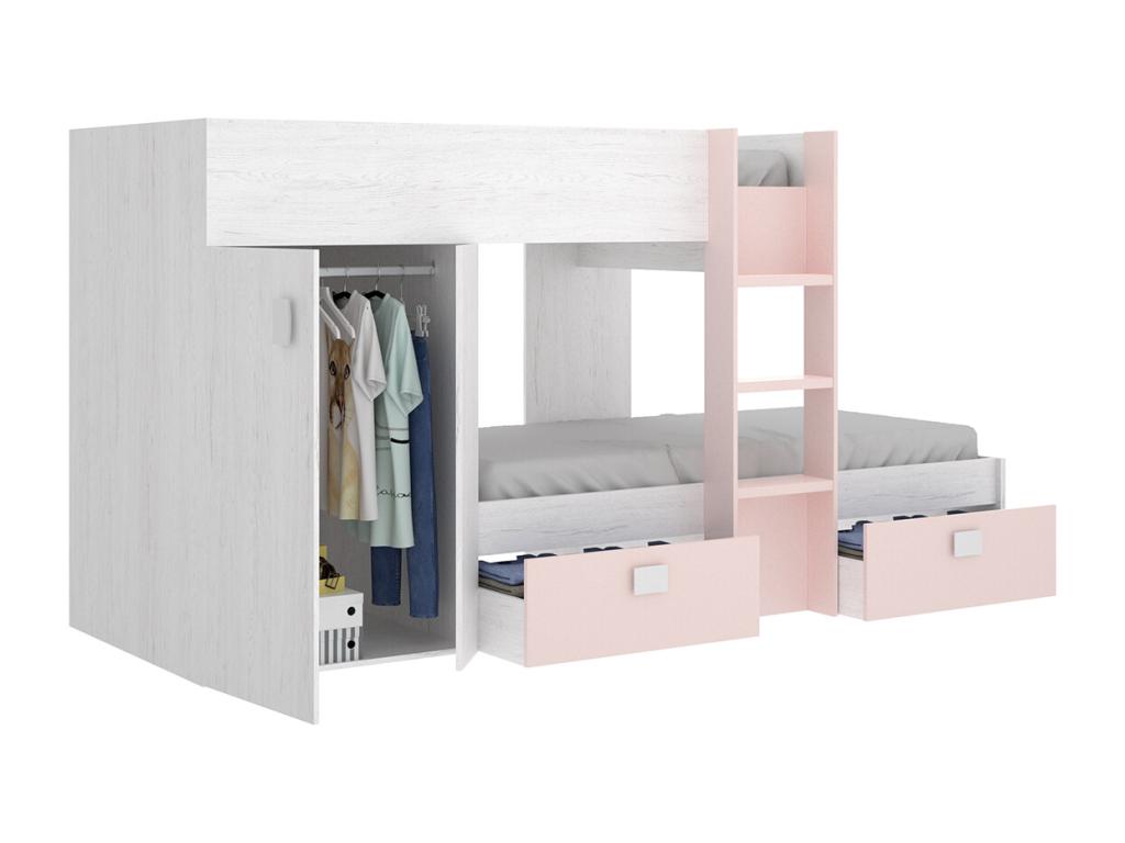 Children's bunk bed with wardrobe and 2 drawers, white and pink - Length 271 x Depth 111 x Height 150 cm 08920BUVZ