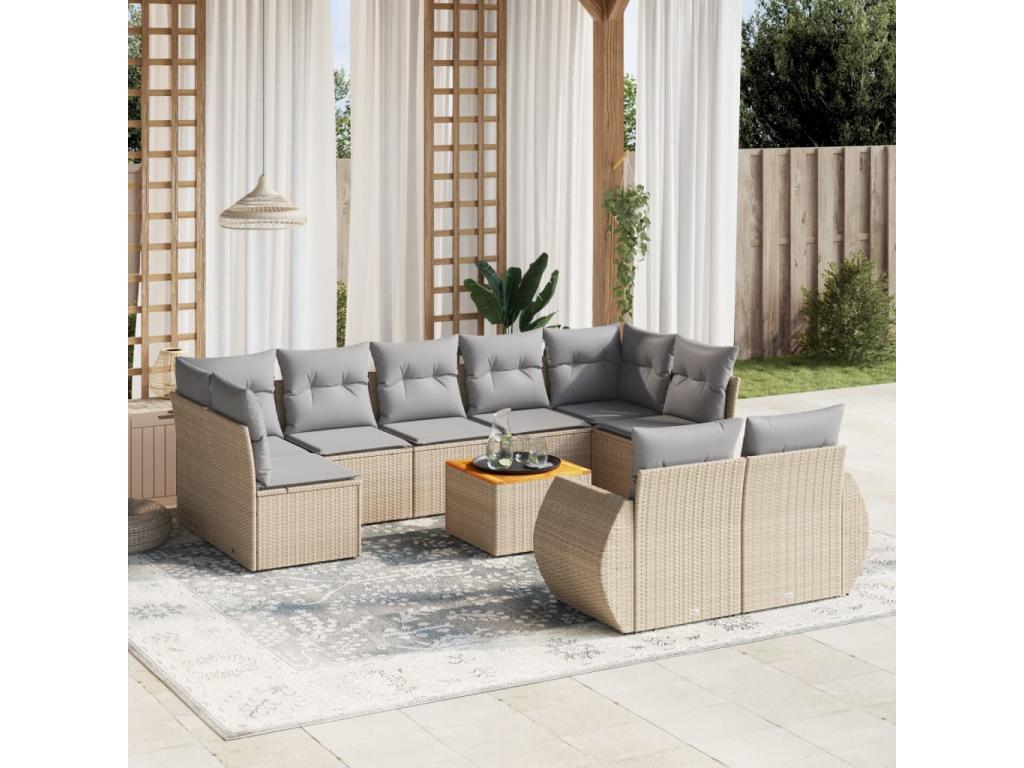 Garden furniture set with cushions, 10 pieces, beige woven resin, 14055YAOF
