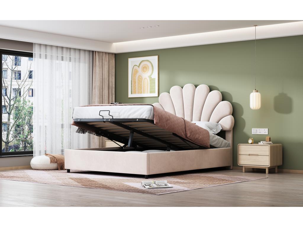 140x200 cm storage bed with adjustable headboard - upholstered in velvet - slatted base by Homelumiere - beige