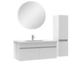 Bathroom set with single sink, column and round mirror 100cm, white cabinet 41628UNAP