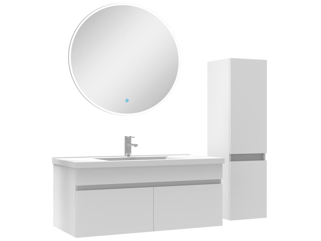 Bathroom set with single sink, column and round mirror 100cm, white cabinet 41628UNAP