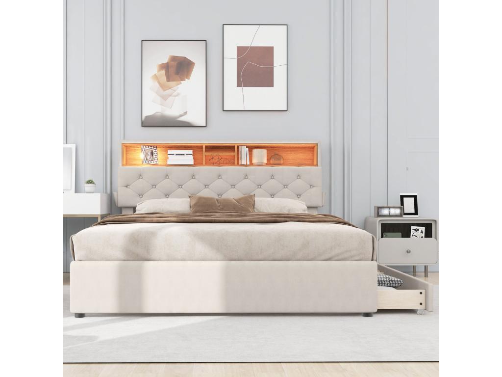 Double bed 140x200cm - with 2 drawers, Bohometop slatted base, adjustable LED headboard with USB charging and storage - Beige 21761MIGH