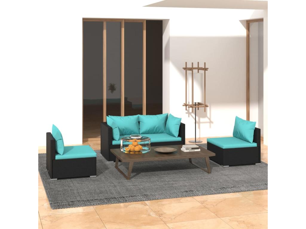 4-piece garden furniture set with cushions, black woven resin, 3