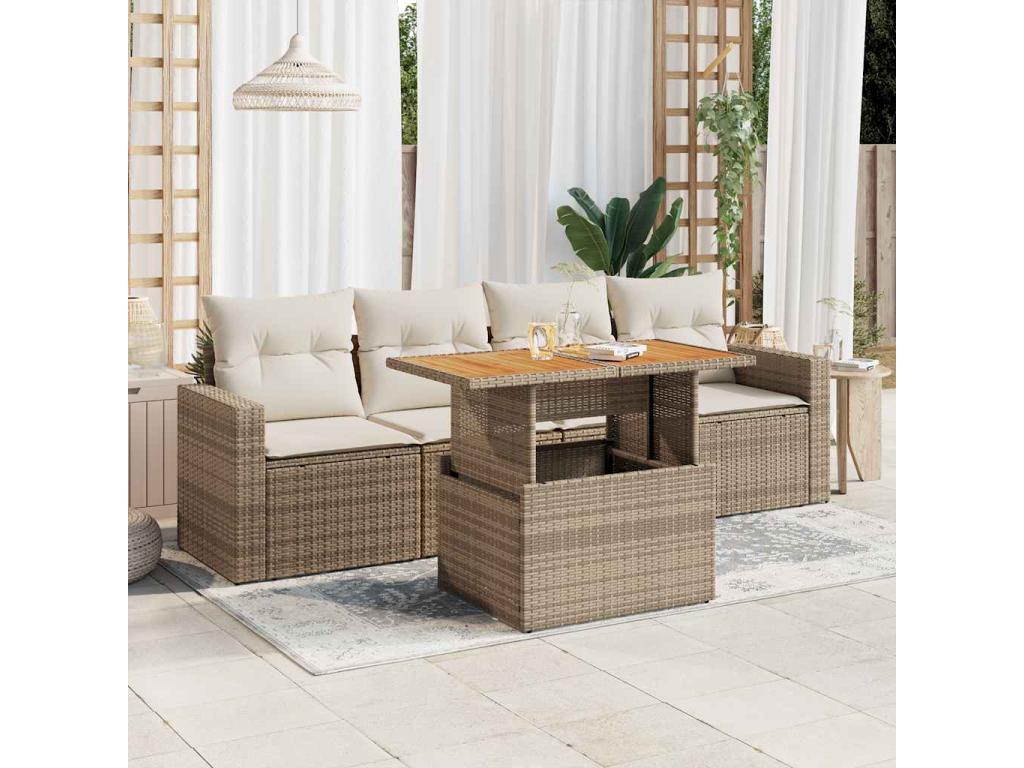 5-piece garden furniture set with cushions, beige woven resin, 13027XSUR