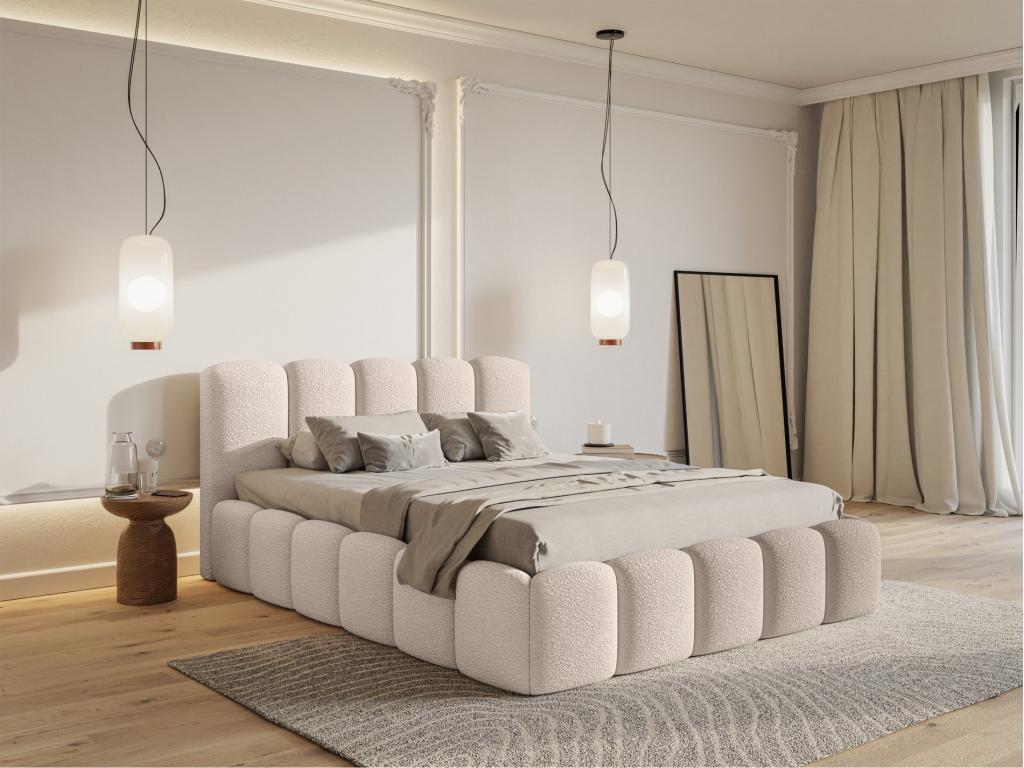 Storage bed with headboard - 160x200 cm - in light beige bouclé fabric - Bohometop 36685NVKB