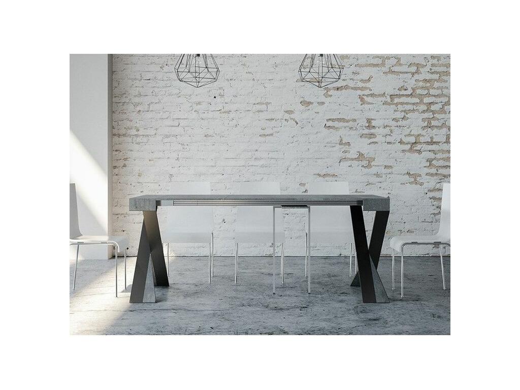 Bohometop extendable console table in wood with anthracite steel crossed legs, 90x40-196 or 90x40-300 cm, Cement Grey, 4-leg support, 3 slim extensions, 85493GBXT
