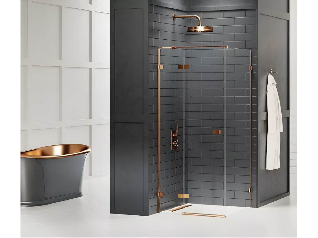 Brushed copper shower enclosure 100x120cm, left-hand pivot, Nidchicshop, front access 40257YZKE