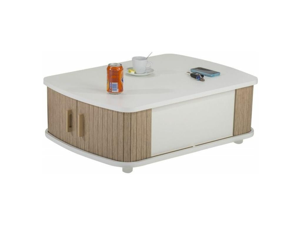 Bohometop 25129GAVT White Coffee Table with Natural Oak and White Curtains