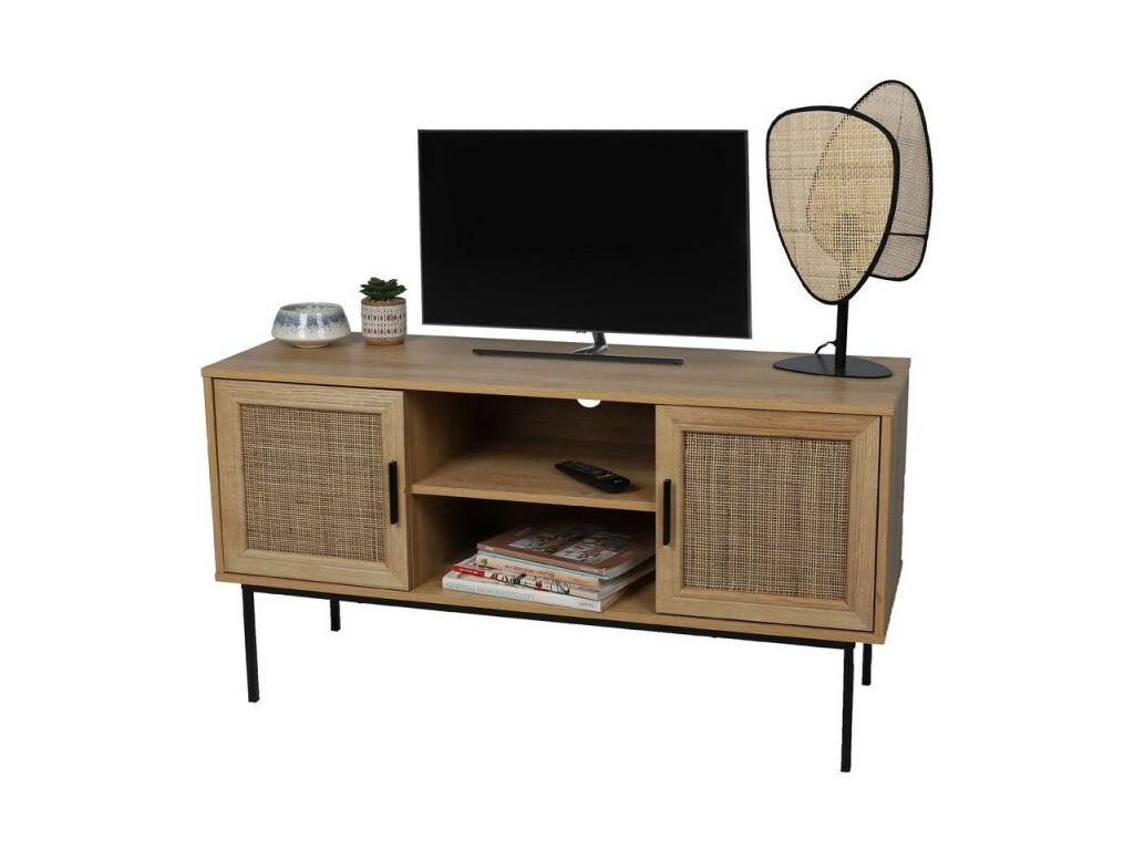 Bohometop TV stand in wood and metal with 2 doors and 2 storage niches - Brown/black - W 120 x D 39 x H 63 cm 64393EXHC