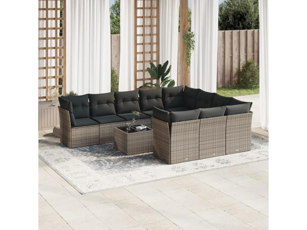 11-piece garden furniture set with grey resin wicker cushions 18132PYQI