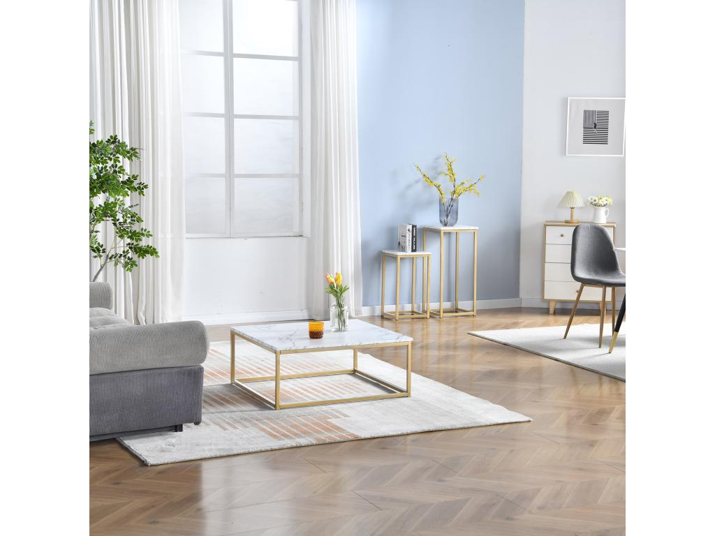 Square Coffee Table, Living Room Side Table, Scandinavian Style, Gold Steel Frame, Marble Finish, 80x80 cm, 18684JBOF