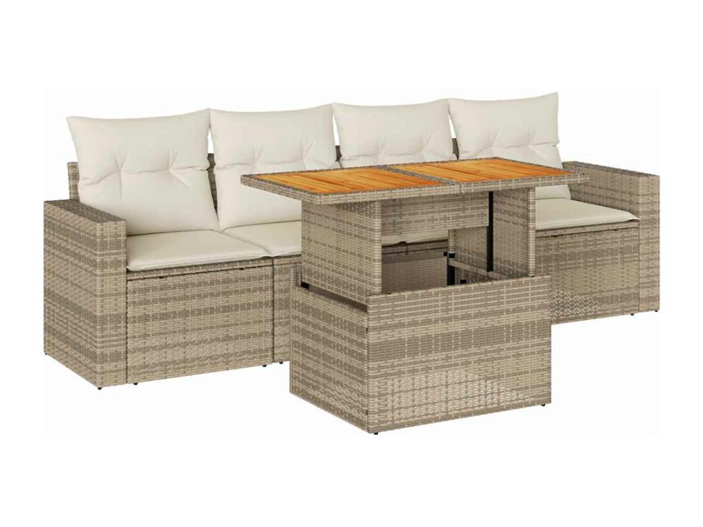 5-piece garden furniture set with cushions, beige woven resin, 13027XSUR