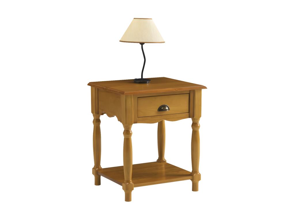 Bedside table with 1 drawer, solid pine, honey finish, 4 turned legs, 1 niche, W 51 H 59 D 43.7 cm, 02246PXRM