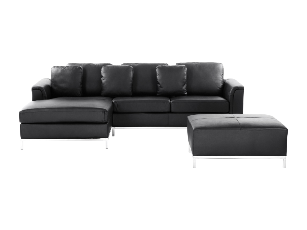 Left-hand corner sofa in genuine black leather and ottoman with removable covers, Nidchicshop 13421IZCS