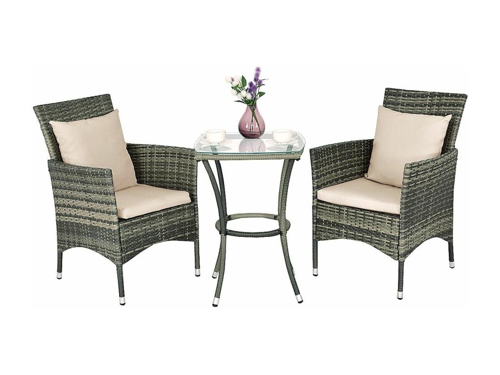 Garden Furniture Set: 1 Table and 2 Chairs, Wicker Mesh, Metal Frame, with 2 Cushions and 2 Pillows, Grey 89013VQKI
