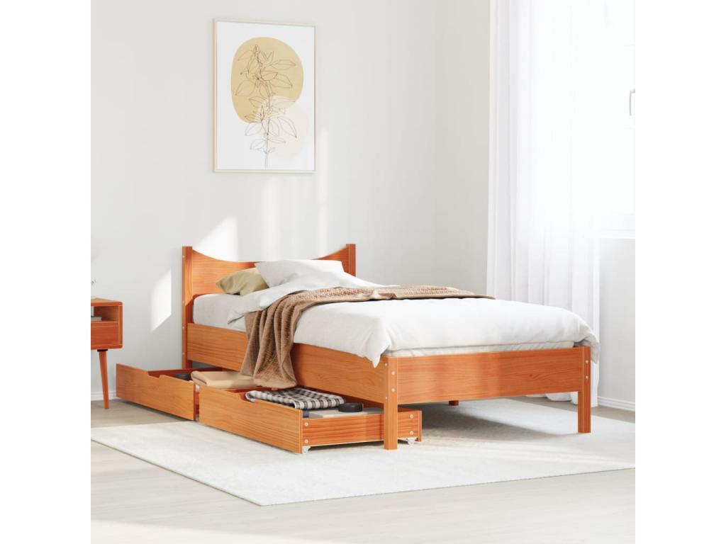 Bed frame with drawers, brown wax finish, 90x190 cm, solid pine wood, 52476ZNZA