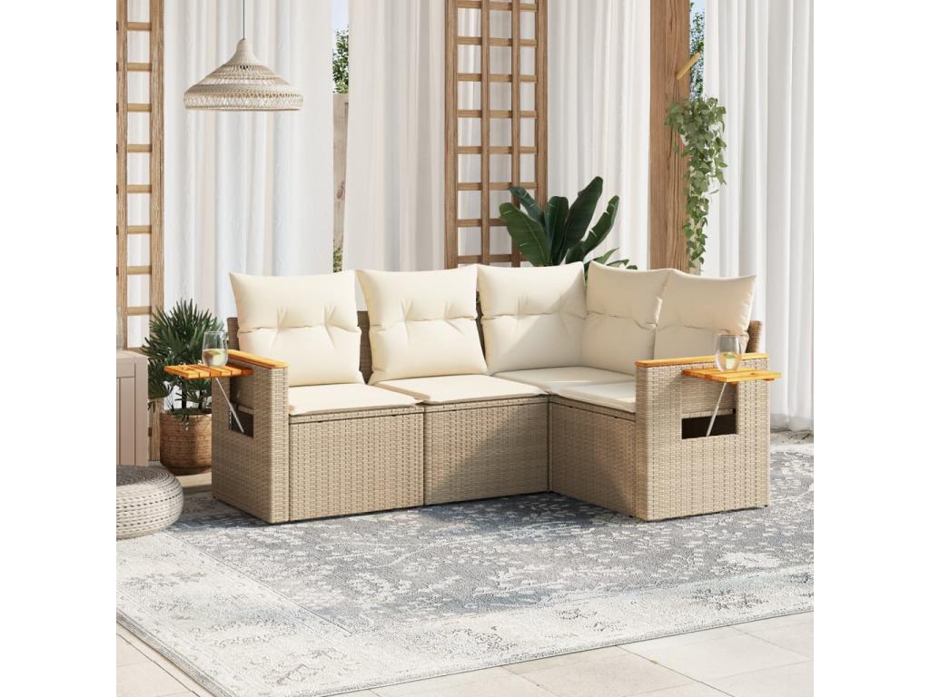 4-piece garden furniture set with cushions, beige woven resin, 19869DXXY