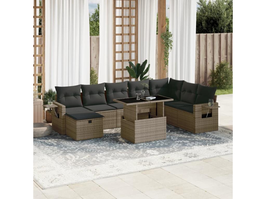 9-piece garden furniture set with grey resin wicker cushions 09933DQLJ