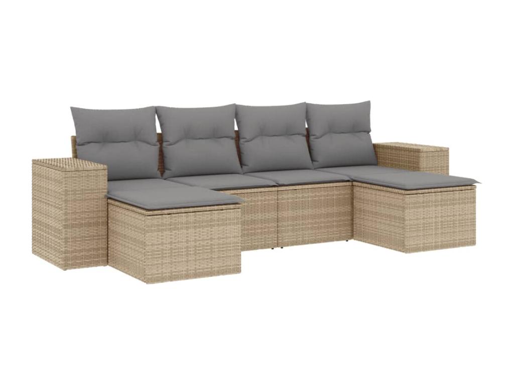 6-piece garden furniture set with cushions, beige woven resin