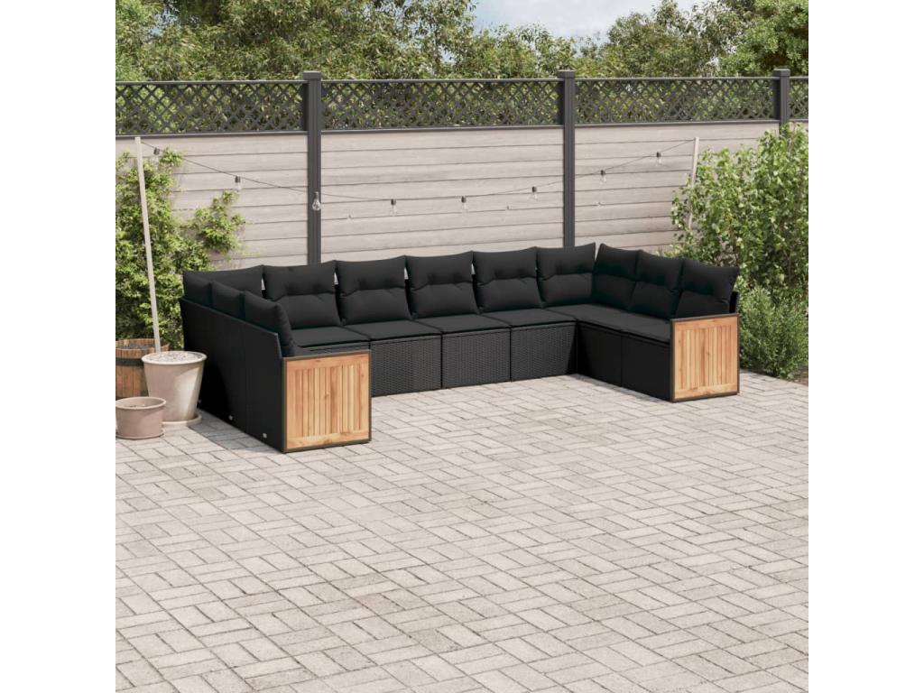 10-piece garden furniture set with cushions, black resin wicker, 37909ERDN