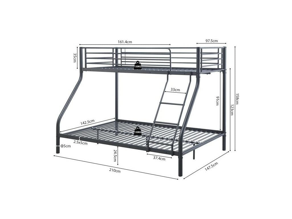 Nidchicshop Metal Bunk Bed – 90x200 / 140x200 cm – Dark Grey – Slatted Base Included 79215GMFR