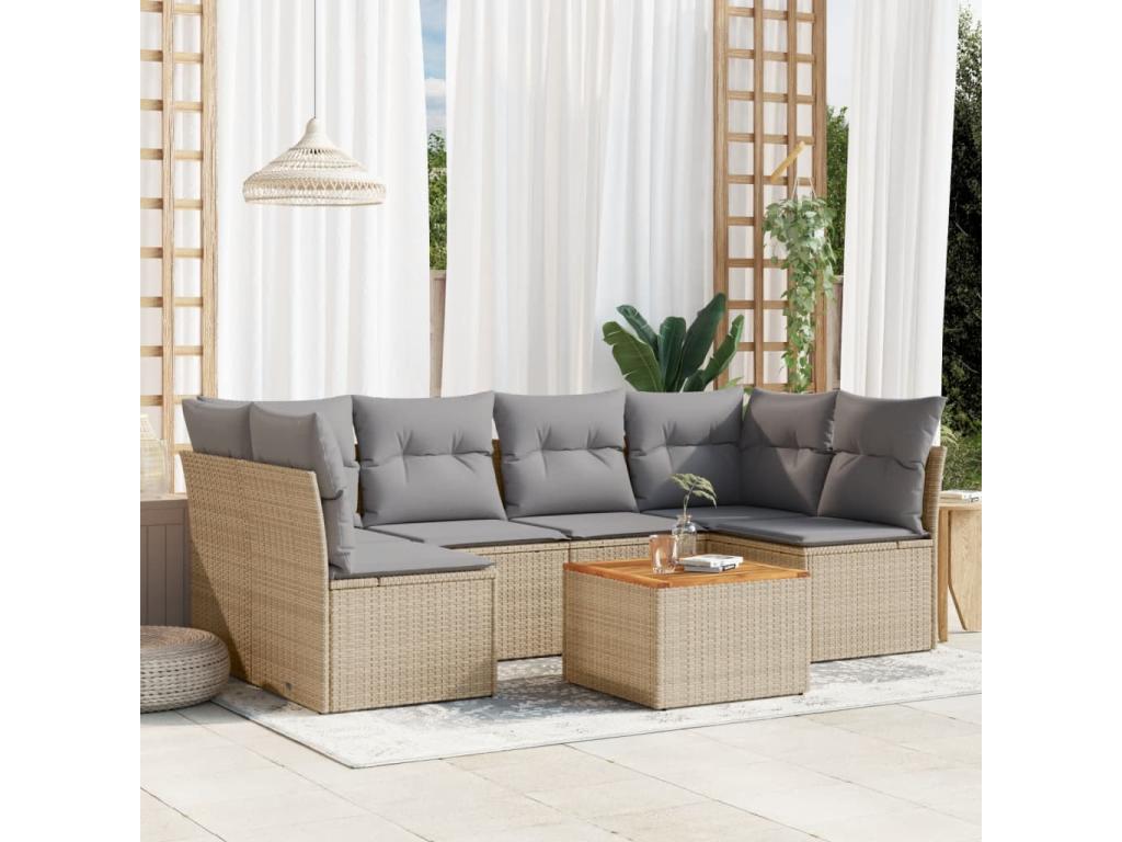 7-piece garden furniture set with cushions, beige woven resin