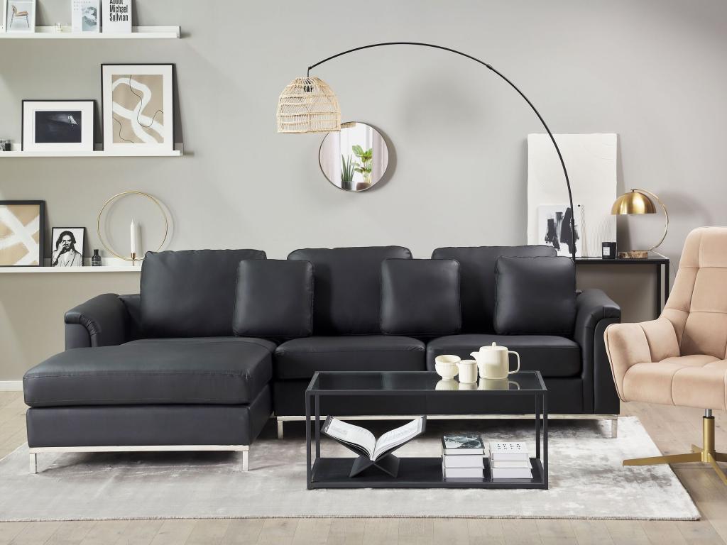 Left-hand corner sofa in genuine black leather and ottoman with removable covers, Nidchicshop 13421IZCS