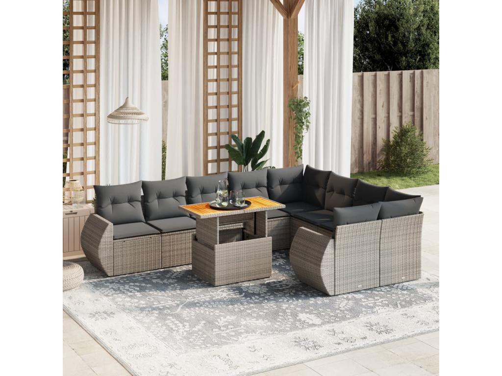 Garden furniture set with cushions, 10 pieces, grey woven resin, 17052ECAC