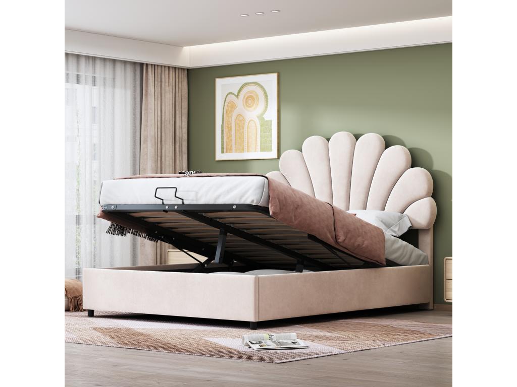 140x200 cm storage bed with adjustable headboard - upholstered in velvet - slatted base by Homelumiere - beige