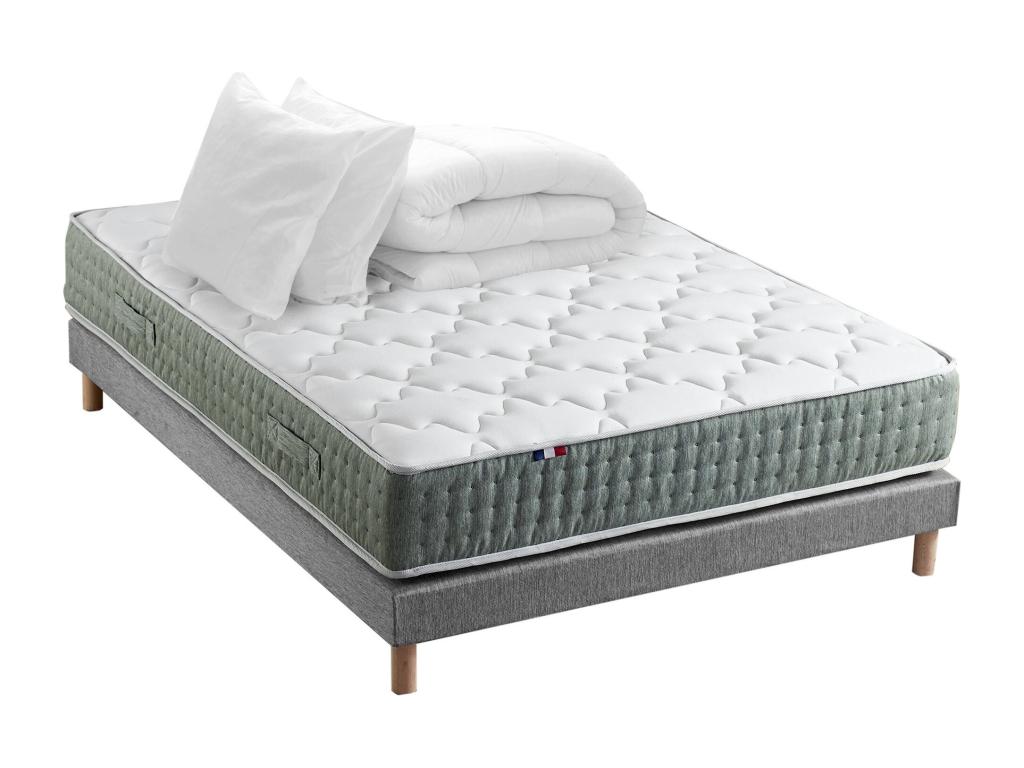 Bohometop 7-Zone Spring Mattress Set with Bed Base, Duvet, and Pillows. Made in France. Dimensions: 140x190 cm. Bed Base: Heather Grey. 86204KAVG