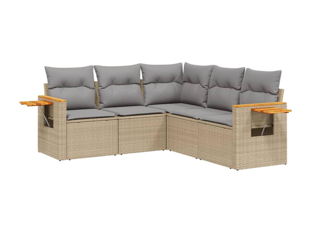 5-piece garden furniture set with cushions, beige woven resin, 66540EYXA