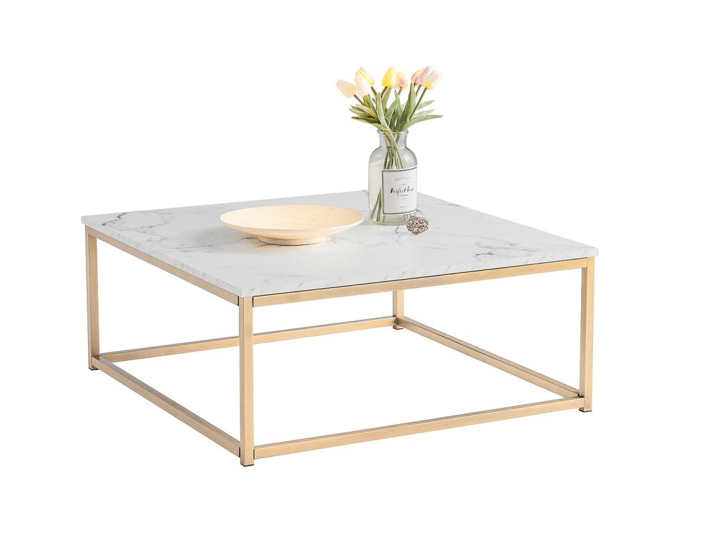 Square Coffee Table, Living Room Side Table, Scandinavian Style, Gold Steel Frame, Marble Finish, 80x80 cm, 18684JBOF