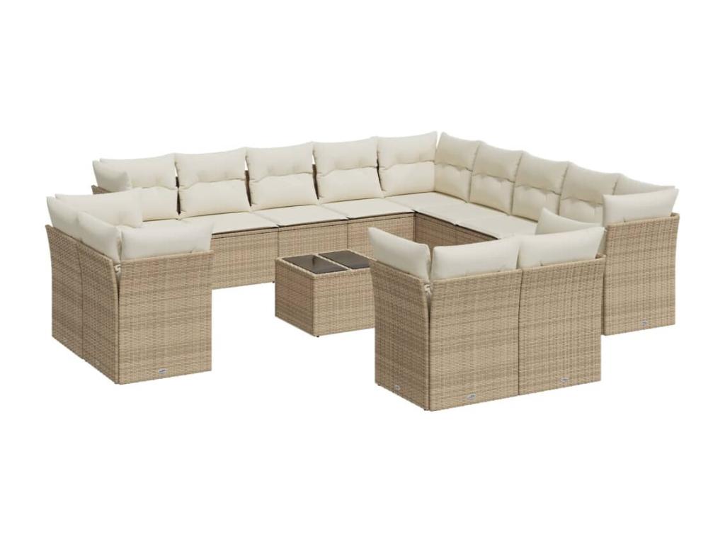 14-piece garden furniture set with cushions, beige woven resin, 93442NHUZ