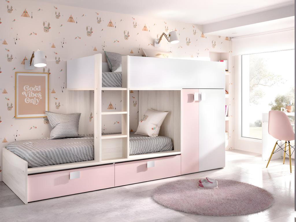 Bohometop Bunk Beds 2x90x190 cm - Built-in Wardrobe - Natural White and Pink - Bohometop 37322MAMA