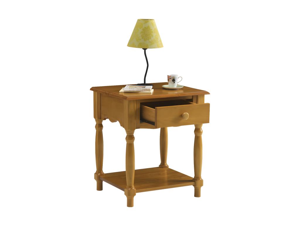 Bedside table with 1 drawer, solid pine, honey finish, 4 turned legs, 1 niche, W 51 H 59 D 43.7 cm, 02246PXRM