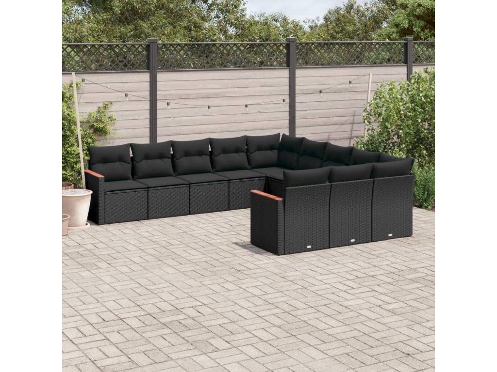 11-piece garden furniture set with cushions, black woven resin, 35069BMZD