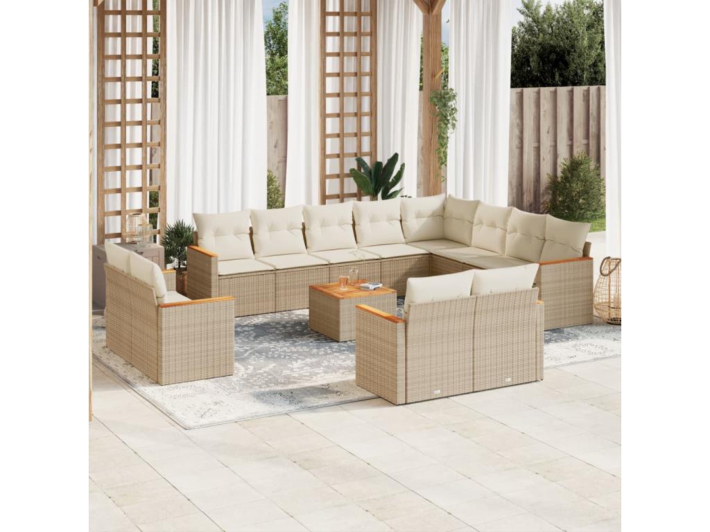 13-piece garden furniture set with cushions, beige wicker resin, 15098MRSK